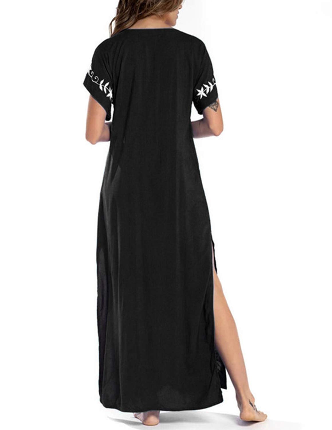 Donna Corta Manica Cover Up Caftano Floreale Ricamato Laterale Diviso Vestito da Spiaggia Abiti