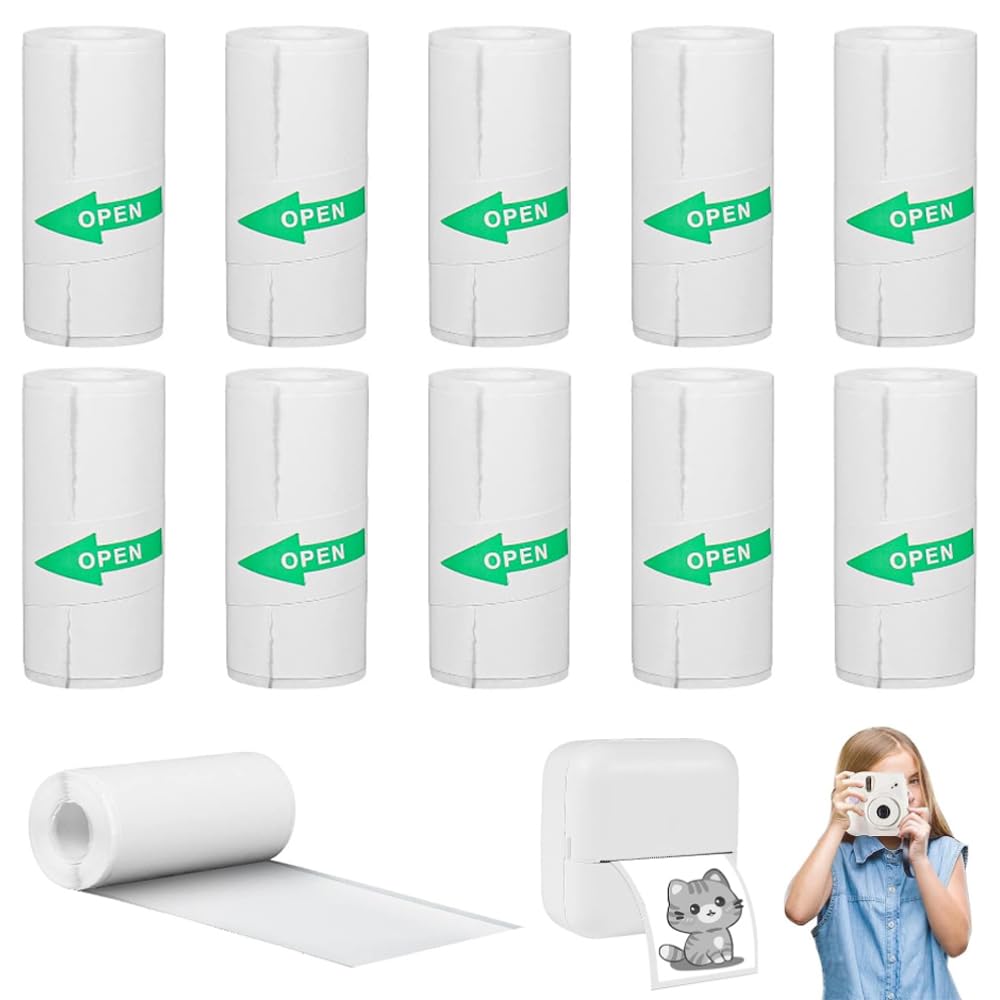 10 rolek termicznych, mini papier termiczny, samoprzylepny, mini drukarka fotograficzna, etykiety do przenośnej drukarki fotograficznej (57 x 25 mm)