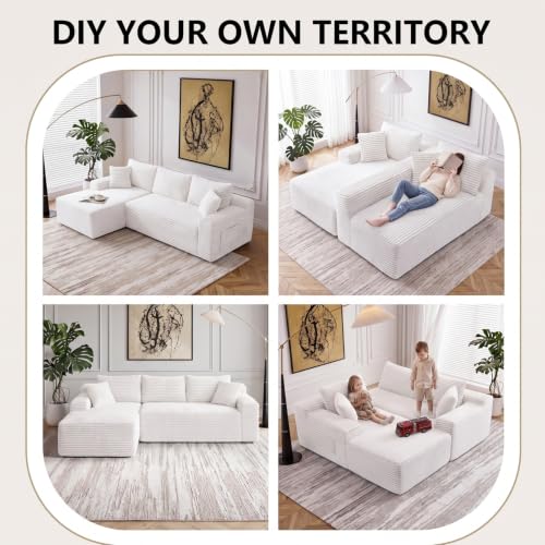Image of 94.5 inch L Shaped Boneless Sectional Corduroy Couches for Living Room (White)
