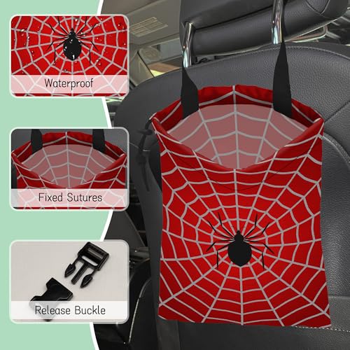 Image of Spider Web Car Trash Bag,Cobweb Trap Hanging Drawstring Car Garbage Bag,Waterproof Canvas Car Back Seat Organizer with Adjustable Buckle,for Vehicles,SUVs,Camping,Road Trips