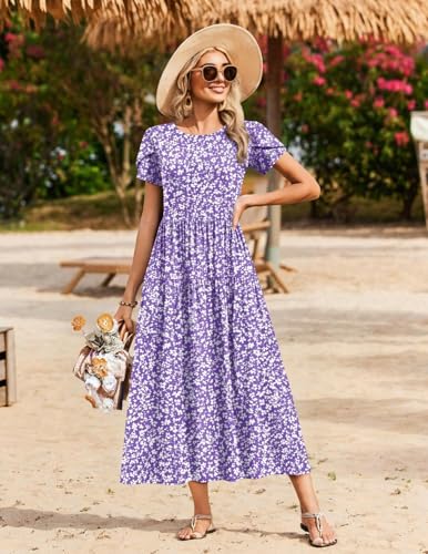 Image of Zeagoo Summer Dresses for Women 2026 Maxi Bohemian Floral Short Sleeve Long Dress Casual Flowy Tired Beach Sundress