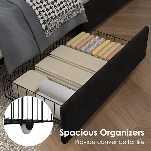 Image of VECELO Queen Size Upholstered Bed Frame with 4 Storage Drawers, Adjustable Velvet Rivet Decor Headboard, Wooden Slats Platform Support, No Box Spring Needed, Easy Assembly,Black