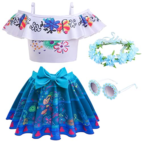 LCXYYY Mirabel Traje de Baño Niña Cosplay Isabela Dolores Luisa Mirabel Tía Mágica Traje de Baño Dividido Bikini con Guirnalda y Gafas de Sol para Niños Vacaciones Playa Surf Piscina Fiesta de Verano