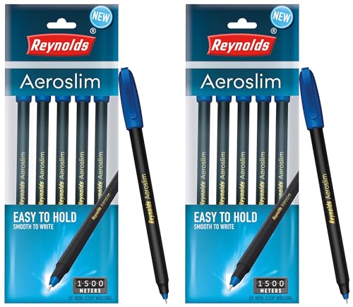 Image of Reynolds AEROSLIM BP 5 CT POUCH - BLUE | Ball Point Pen Set With Comfortable Grip | Pens For Writing | School and Office Stationery | Pens For Students | 0.7mm Tip Size (Pack of 2)