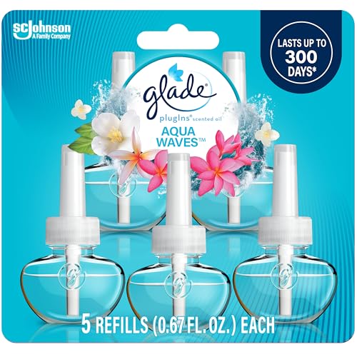Glade PlugIns Refills Air Freshener, Scented and Essential Oils for Home and Bathroom, Aqua Waves, 3.35 Fl Oz, 5 Count