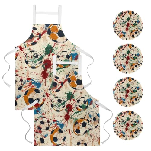 Lot de 2 tabliers de cuisine avec 4 broches à motif de ballons de football multicolores