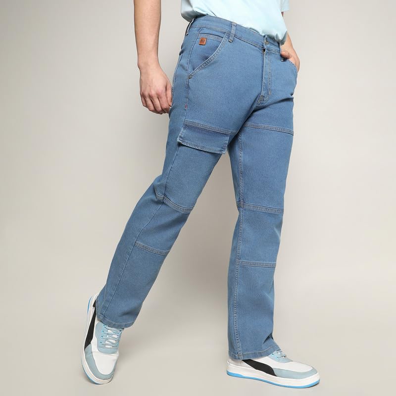 Image of CAHOOT Men's Stitched Cargo Denim Jeans for Casual Wear | Dark-Wash | 5 Pocket | Button Closure | Denim Jeans Crafted with Comfort Fit for Everyday Wear