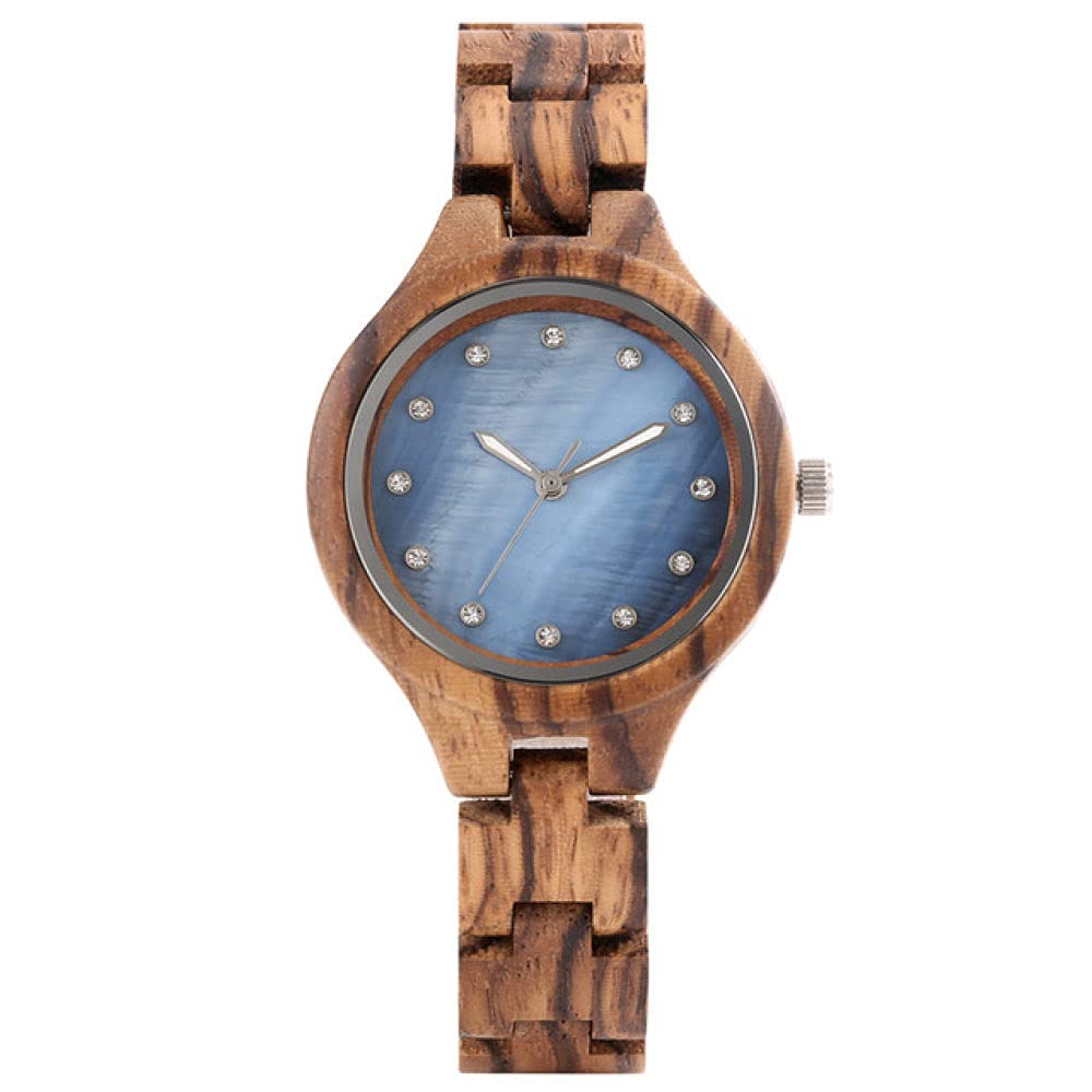 CAIDAI&YL Orologio da polso da donna con cinturino in legno con strass display quadrante rotondo rosa/blu orologio da donna in legno di quarzo zebrano, blu