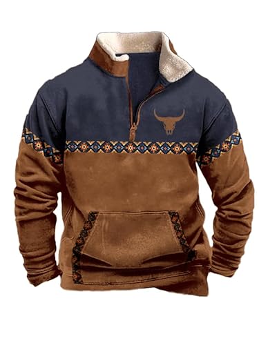 DMOYALA Western Fleece Jacket Men Aztec Cowboy Pullover Vintage Cow Skull Print Sweatshirts 1/4 Zipper Western Sweater Jacket men fleece pullover vintage wetsern cow skull tan L