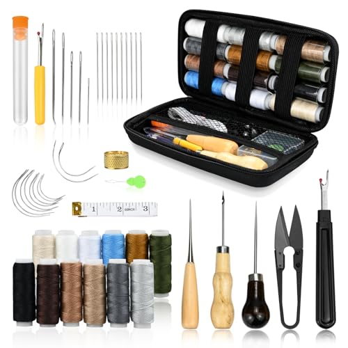 Leder Nähset, 48 Stück Leder Werkzeuge Set, Ledernähset mit Nähnadeln, Hochleistungs-Nähset mit Nähnadeln, Nähgarn für Reparaturen, Nähahle, Handnähen, Leder Werkzeuge Set für DIY Handwerk
