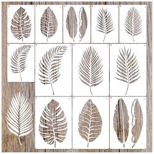 Image of 12 Pcs Large Leaf Stencil for Painting on Walls Tropical Palm Stencil Crafts Reusable Plant Fern Templates for Walls Shirts Floor Canvas (12 Leaf)