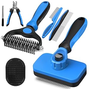 7 in 1 Pet Grooming Kit – Dog&Cat Comb, Deshedding Brush, Nail Clipper with File, Bath Brush – Premium Pet Supplies (Black Blue)