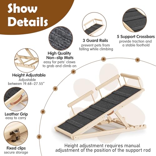 Dog Ramp for Couch, Bed or Car, Wooden 55" Long Pet Stairs for Small & Large Old Dogs & Cats, Hold up to 250lb, 6 Adjustable Height from 19.68" to 27.55" Portable Doggie Steps, Excellent Traction - Image 5