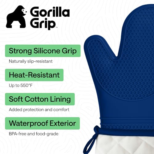 Image of GORILLA GRIP BPA-Free Soft Silicone Oven Mitts, 14.5x8.3, Heat Resistant and Waterproof Cooking Gloves, Thick Cotton Lining, Flexible Gripping for Baking Grilling, Kitchen Potholders Set of 2, Blue