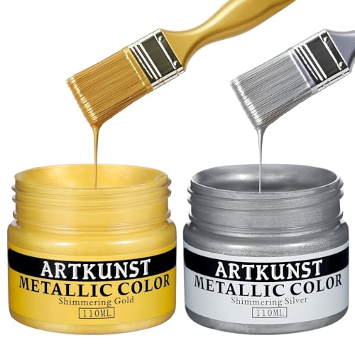 ARTKUNST Acrylic Paint Metallic 2 Colors Gold Silver 110ml Gold Leaf Paint Non Toxic Non Fading for Art Painting Handcrafts Ideal for Multi-surface Canvas Wood Clay Metal
