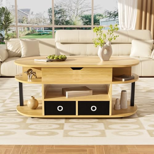 Marooma Table Basse Relevable avec Rangement, Salon 105 cm Table Basse Ovale avec Grande étagère de Rangement et Tiroirs en Tissu Noir, Grain de Bois Naturel...