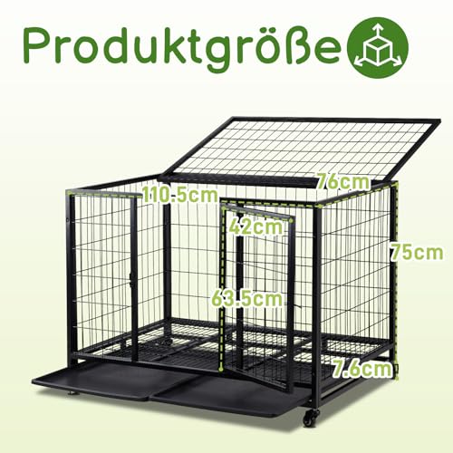 TactFire Hundekäfig hochbelastbar, Mobile Hundebox – 109x76x87 cm, 2 Türen, feststellbare Räder, herausnehmbares Tablett – Für Mittelgroße/Große Hunde – Schwarz
