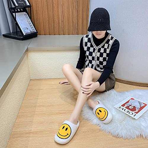 Plmokn Smile Face Slippers,Retro Soft Plush Lightweight House Slippers Slip-On Cozy Indoor Outdoor Slippers,Slip On Anti-Skid Sole White-10-11Women/9-10Men #TOP6