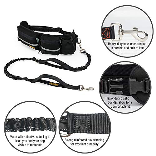 Hands Free Dog Leash, Dog Walking And Training Belt With Shock Absorbing Bungee Leash For Up To 180Lbs Large Dogs, Phone Pocket And Water Bottle Holder, Fits All Waist Sizes From 28” To 48” #TOP1