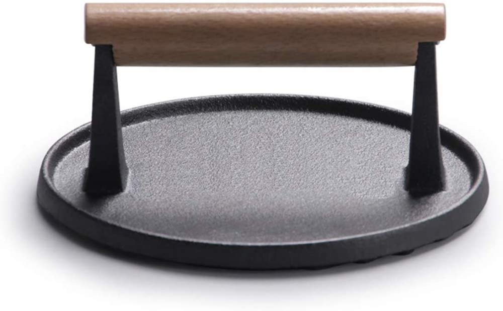 Gusseisen Bratpfanne Runde Presse Speckpresse Fleisch Fleisch Steak Grill Gewicht Hamburger Smasher Hamburgerpresse mit stabilem Holzgriff