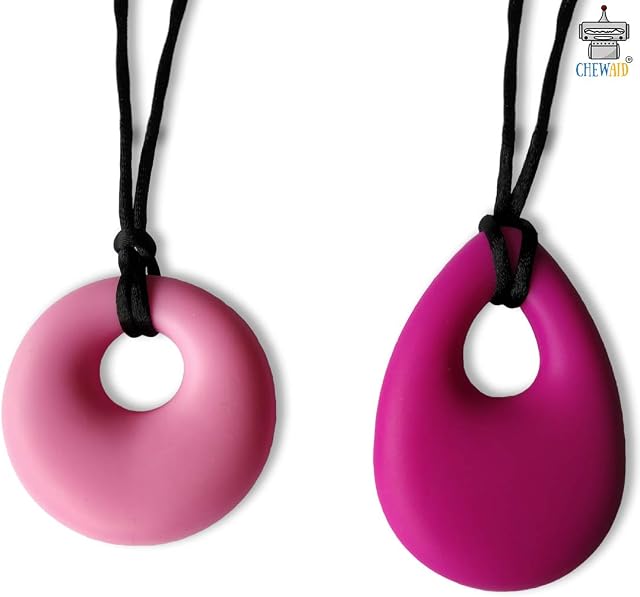 Chew Pendant Pack of 2 Training and Development Fidget Chew Necklace for ,Sensory,Oral Motor, Anxiety, Autism, ADHD (blue and red) (Dark pink , baby pink)