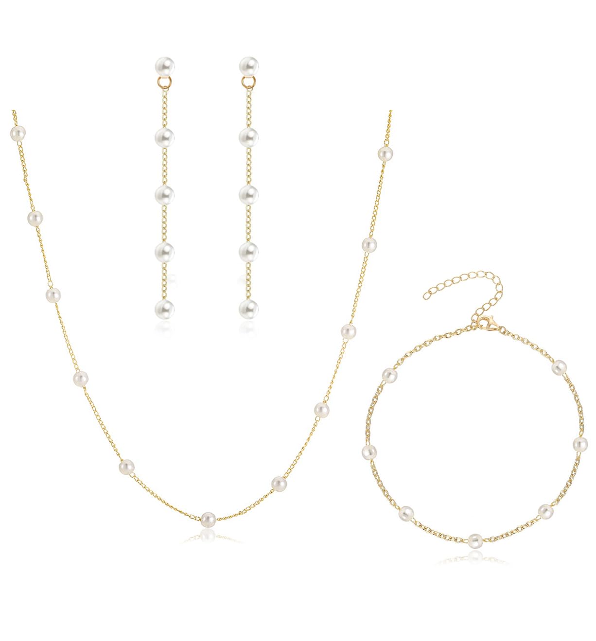 YANJINMY Dainty Pearl Jewelry Set for Women Bridal Faux Pearl Choker Necklace Small Pearl Bracelet Long Pearl Earrings