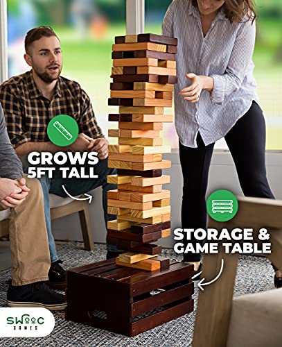 Swooc Games - Reclaimed Giant Tower Game | 60 Large Blocks | Storage Crate/Outdoor Game Table | Starts Over 2.5Ft Big | Max Height Of 5Ft | Genuine Jumbo Toppling Yard Games | Jumbo Backyard Set #TOP6
