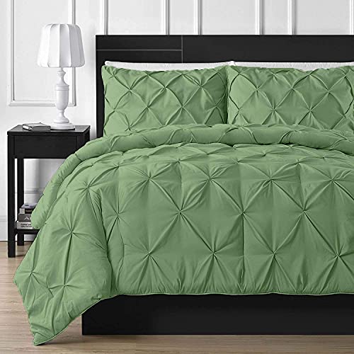 Rahul Textile Moss Color Pinch Pleated Durable Soft Comfy 3-PCs Duvet Cover Set with Zipper Closure & Corner Ties, 600-TC Peruvian Pima Cotton Oversized Queen Size (100" x 100")