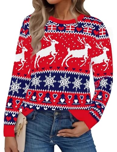 Aseniza Jersey Navidad Mujer Suéter de Punto Manga Larga Jerseys Navideños Ugly Christmas Sweater Invierno Cuello Redondo Patrón de Fawn