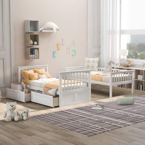 Kids Bunk Bed with Storage Drawers, Twin Over Twin Wood Bunk Bed Frame with Guardrails, Convertible Kids Beds, White
