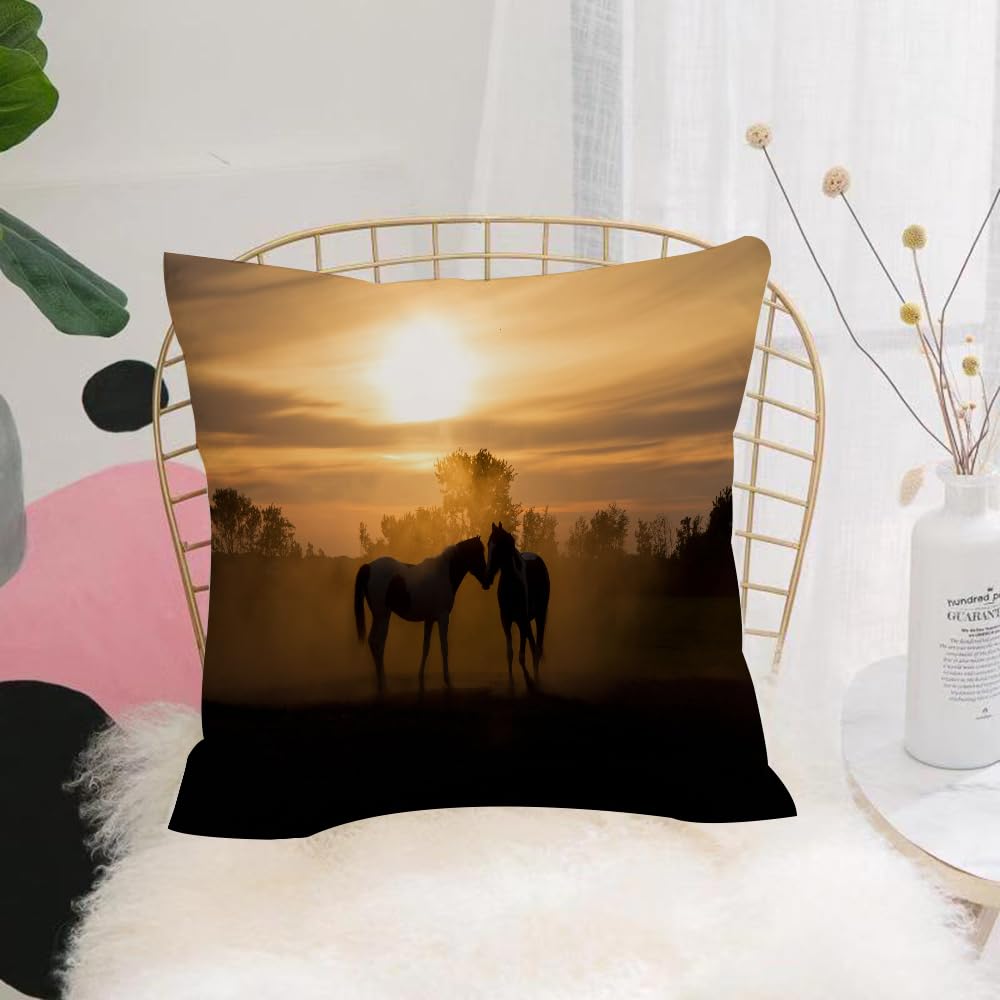 HYOSXW Cushion Cover,Throw Pillow Case Home Decorative for Living Room Bedroom Sofa Chair 16X16 Inch,Horses, two horses at dusk and sunset,Pillowcase 40X40cm