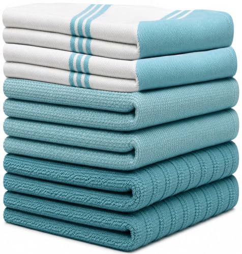 Image of Premium Kitchen Towels (20 inchx 28 inch, 6 Pack) | Large Cotton Dish Towels | Flat & Terry Highly Absorbent Kitchen Linen Set with Hanging Loop | Wide Stripe Aqua