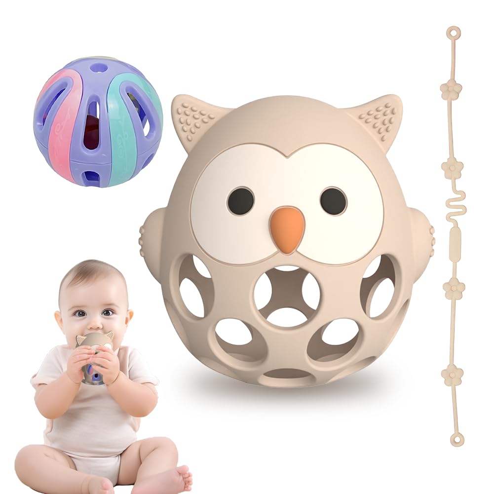Beißring & Rassel für Babys - Sensorik Spielzeug ab 0 Monate, Zahnungshilfe & Greifball - Geschenk für Jungen & Mädchen (Owl-white)