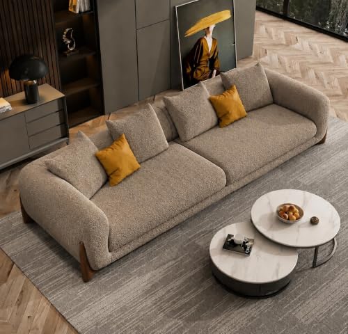 Image of Modern Sofa, Teddy Fabric, Chesterfield Style, Wooden Legs, for Living Room, Bedroom, Hallways (Taupe - 3 Seater)