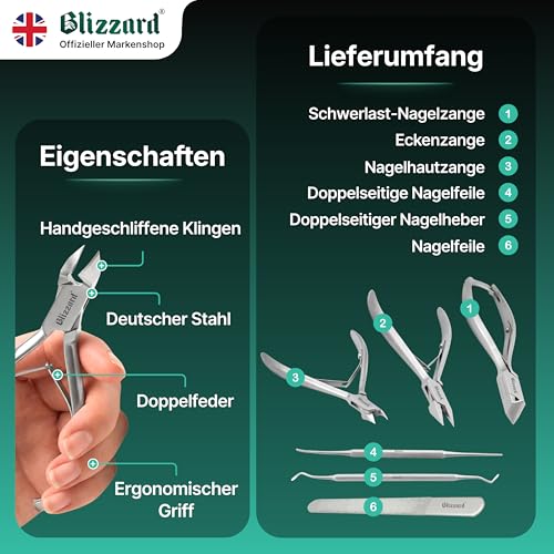 Blizzard Podologie Instrumente Set – 5-teiliges Fußpflege Set für harte & eingewachsene Nägel – Nagelzange, Eckenzange, Nagelhautentferner, Eckenfeile & Eckenheber – Profi Podologie Werkzeug