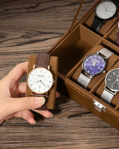Image of Uten 10-Slot Watch Box, PU Leather Watch Case with Glass Lid, Brown | Watch Jewelry Storage Organizer Display with Velvet Lining, fits Watch Size up to 48mm, Gift for Men and Women, Celebration