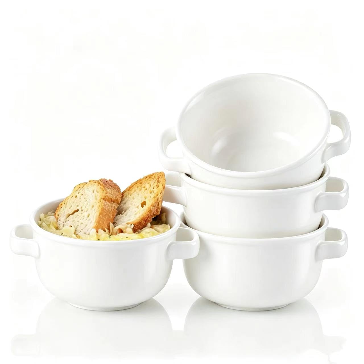 YUN TAO Soup Bowls with Handles, Large Ceramic Soup Crocks for French Onion, Stews, Pot Pies, Cereal, Oven & Dishwasher Safe - Set of 4 (21 Oz-White)