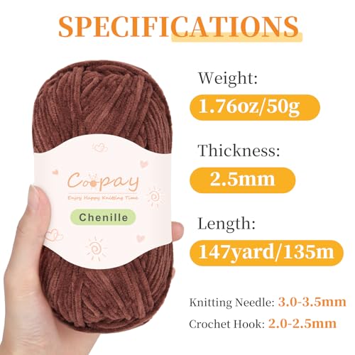 Image of Coopay Skinny Chenille Yarn for Crocheting and Knitting, 12 Pack of 50g /1.76oz - 1764yd Total, Soft Velvet Yarn of Baby Weights - Suitable for Baby Blankets, Plush Toys - Super Soft (Brown Gradient)