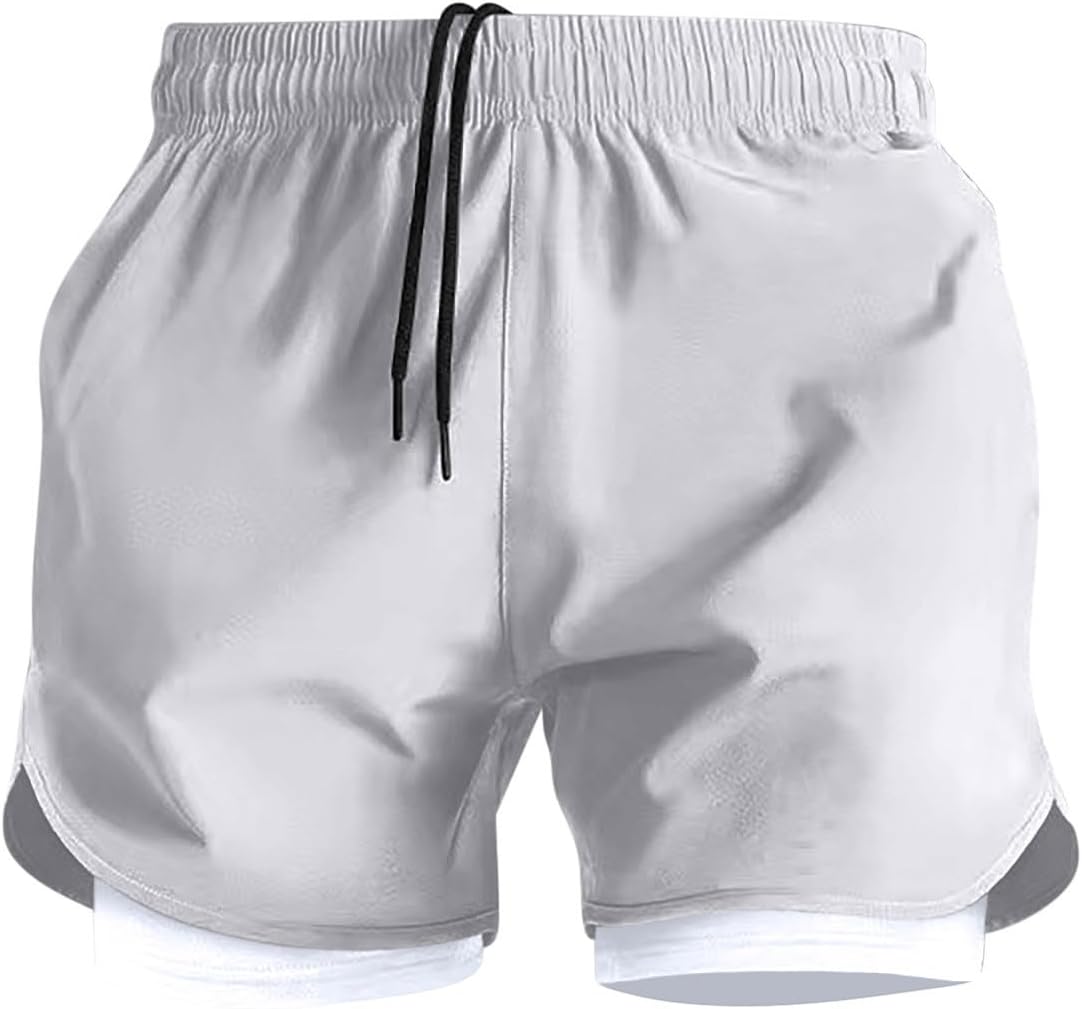 Men's 2 in 1 Running Shorts 5 inch Gym Athletic Shorts Solid Color Workout Short with Liner Quick Dry with Pockets