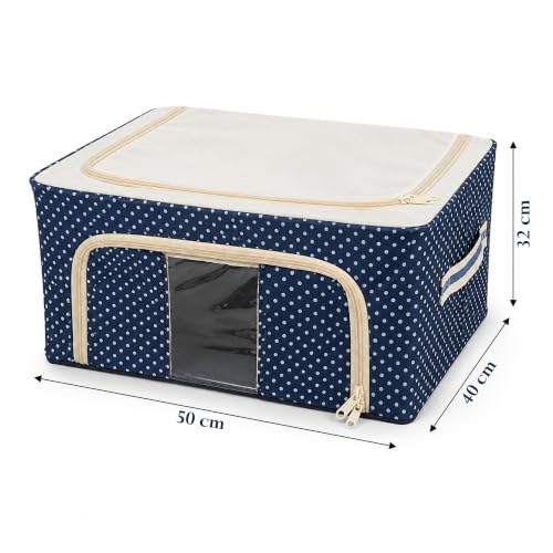 Image of VERAT 4 Pcs 66 Liters Foldable Steel Frame Cloth Organizer with Handle for Storage /Wardrobe Organizer with Zipper /Front & Top Open Almirah Organiser for Sarees /Shirts /Blankets /Clothes Bag- (Blue)