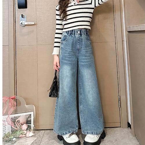 Girls Flare Denim Pants Side Smock Elastic High Waist Baggy Wide Leg Jeans Kids Casuall Trousers3