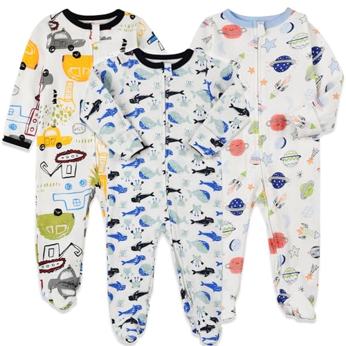 Image of Aablexema Baby Footie Pajamas with Mittens - 3Pcs Infant Cotton Footed One Piece Sleepwear Outfits
