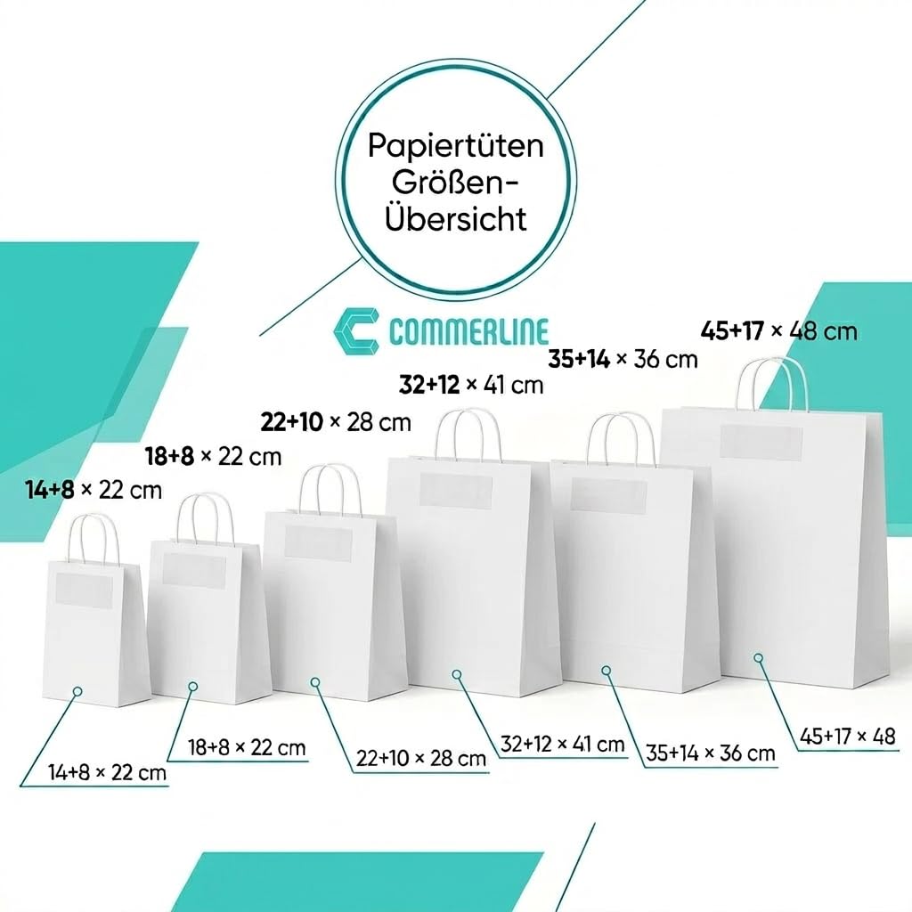 Commerline 100 Stück Weiß Papiertüten mit Henkel, 45+17x48 cm Kraftpapier Tüten mit Kordelgriff, Papiertragetaschen für Einkaufen und Verpackung, Geschenktüten Kindergeburtstag, Partys, DIY