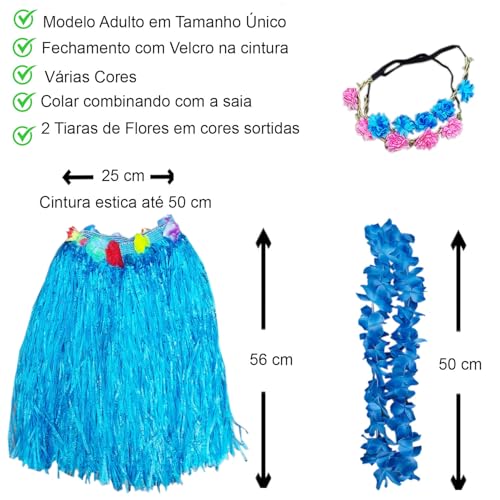 Fantasia Adulto Havaiana Festa Temática Tropical Luau Carnaval Hawaiana: Saia + Colar + 2 Tiaras Flo