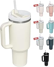 40Oz Stainless Steel Vacuum Insulated Tumbler With Straw And Lid & Handle,Travel Coffee Mugs Cups For Hot Drinks With Handle&Straw Insulated Water Bottle Iced Coffee Cup (Cream),1180 Ml
