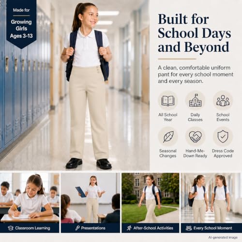 Image of Bienzoe Girls School Uniform Pant: Kids Adjustable Waist Durable Straight Leg Dress Trouser