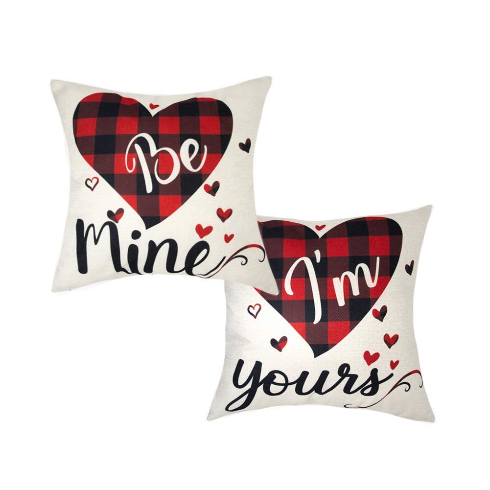 LALIFIT Valentine's Day Pillow Covers red Plaid Buffalo Plaid Love Heart Linen Throw Pillow Cover 18 x 18 Inch for Home Car Sofa Bed Couch Decor (Set of 2)
