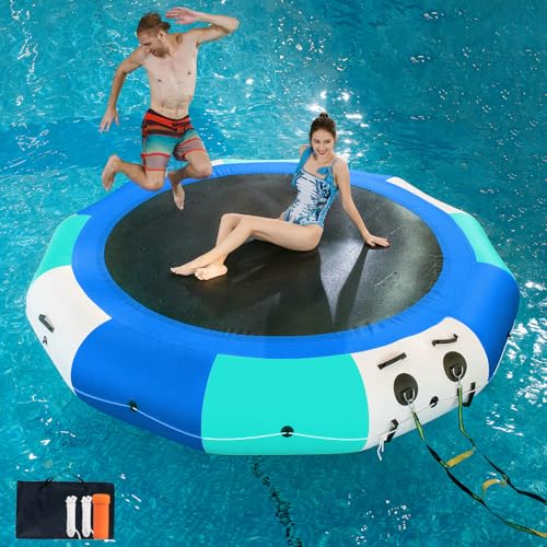 COOLWAVE 10FT/12FT Inflatable Water Trampoline for Lake Pool Ocean Floating Water Trampoline for Adults with 4-Step Rope adders and Mooring Ropes (Blue+Green+White 10FT)
