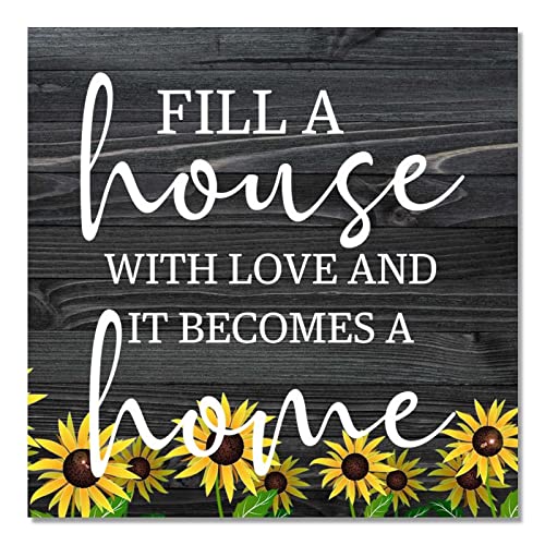 Targa decorativa in legno con girasole, per decorare la casa, con amore e si trasforma in una casa in legno, decorazione rustica, stile retrò, con citazioni decorative, 40,6 x 40,6 cm