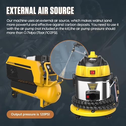 AUTOOL Walnuss Strahlgerät, Mobiles Sandstrahlgerät Automotor Einlassventil Reinigungsmaschin Motorkohlenstoffentferner, 220V Walnussstrahlgerät Kfz mit 2kg Sandstrahl, 23 Adapter